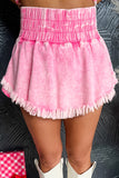 Short en jean effiloché à large ceinture froncée délavée rose