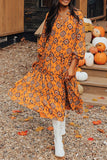Robe mi-longue ample à volants et imprimé géométrique occidental orange