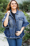 Veste en jean bleu paon à volants et manches courtes effilochées grande taille