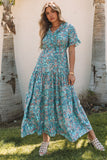 Robe longue à volants et à volants style bohème à imprimé cachemire bleu ciel