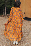 Robe mi-longue ample à volants et imprimé géométrique occidental orange