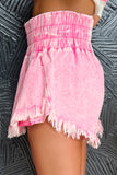 Short en jean effiloché à large ceinture froncée délavée rose