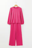 Rose Red Textured Puff Sleeve Top and Pants Set