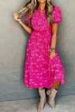 Robe mi-longue fluide plissée à imprimé floral rouge rose avec cordon de serrage