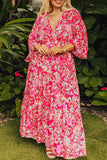 Robe longue à manches larges et col en V à fleurs grande taille Rose