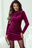 Robe moulante en velours rose Pitaya à col montant et manches longues froncées