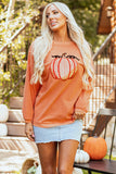 Orange Sequined Pumpkin Ribbed Round Neck Halloween Sweatshirt