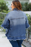 Veste en jean bleu paon à volants et manches courtes effilochées grande taille