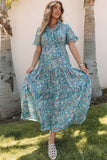 Robe longue à volants et à volants style bohème à imprimé cachemire bleu ciel
