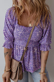 Chemisier à basque froncé à manches mi-longues et imprimé cachemire Boho violet