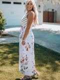 Robe longue blanche à rayures et imprimé floral sans manches avec poche