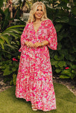 Robe longue à manches larges et col en V à fleurs grande taille Rose