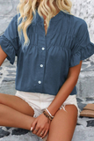 Chemise boutonnée à manches courtes et volants de couleur unie bleu sarcelle véritable