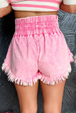 Short en jean effiloché à large ceinture froncée délavée rose