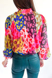 Chemisier plissé à imprimé patchwork léopard rose
