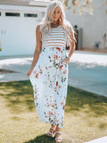 Robe longue blanche à rayures et imprimé floral sans manches avec poche