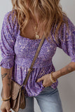 Chemisier à basque froncé à manches mi-longues et imprimé cachemire Boho violet