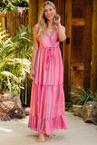 Robe longue portefeuille rose à imprimé western avec pampilles et col en V