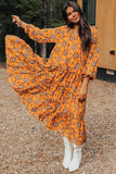 Robe mi-longue ample à volants et imprimé géométrique occidental orange