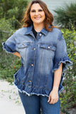 Veste en jean bleu paon à volants et manches courtes effilochées grande taille