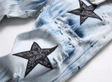 High Quality Men's Jeans Ripped Embroidered  Letter Star Fashion Elastic Slim Fit Feet Brand Street Motorcycle Pant Mens Jean