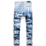 High Quality Men's Jeans Ripped Embroidered  Letter Star Fashion Elastic Slim Fit Feet Brand Street Motorcycle Pant Mens Jean