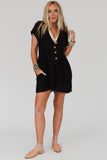 Black V Neck Buttons Loose Cuffed Short Sleeve Romper