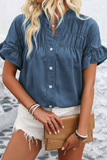 Chemise boutonnée à manches courtes et volants de couleur unie bleu sarcelle véritable