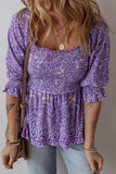 Chemisier à basque froncé à manches mi-longues et imprimé cachemire Boho violet