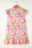 Pink Abstract Floral Ruffle Trim Flutter Sleeve Buttoned Dress