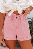 Short en jean taille haute à volants délavé rose poudré vintage