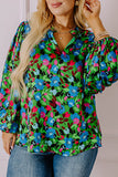 Chemisier vert à fleurs et col en V à manches bouffantes et taille plus