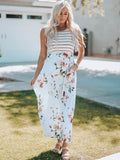 Robe longue blanche à rayures et imprimé floral sans manches avec poche