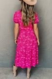 Robe mi-longue fluide plissée à imprimé floral rouge rose avec cordon de serrage