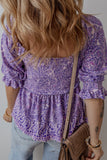 Chemisier à basque froncé à manches mi-longues et imprimé cachemire Boho violet